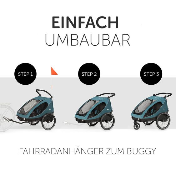 Hauck 2in1 Fahrradanhänger Dryk Duo für 2 Kinder (bis 44 kg) - Bike Trailer & City Buggy - Petrol