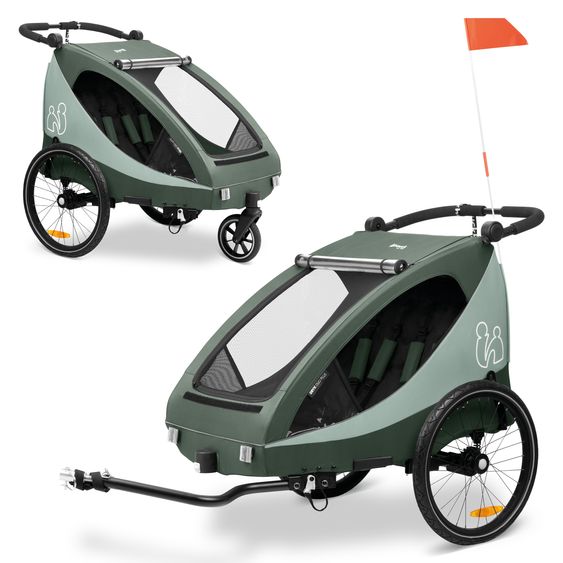 Hauck Rimorchio bici 2in1 Dryk Duo Plus per 2 bambini (fino a 44 kg) - Rimorchio bici e city buggy - Verde scuro