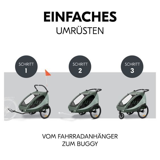 Hauck Rimorchio bici 2in1 Dryk Duo Plus per 2 bambini (fino a 44 kg) - Rimorchio bici e city buggy - Verde scuro