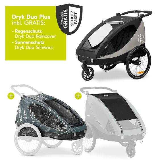 Hauck Rimorchio bici 2in1 Dryk Duo Plus per 2 bambini (fino a 44 kg) - Rimorchio bici e city buggy - incluso pacchetto di protezione GRATUITO - Nero