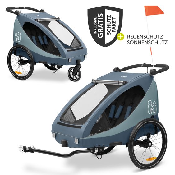 Hauck Rimorchio bici 2in1 Dryk Duo Plus per 2 bambini (fino a 44 kg) - Rimorchio bici e city buggy - incluso pacchetto di protezione GRATUITO - Blu scuro