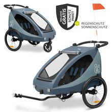 2in1 Fahrradanhänger Dryk Duo Plus für 2 Kinder (bis 44 kg) - Bike Trailer & City Buggy - inkl. GRATIS Schutzpaket - Dark Blue