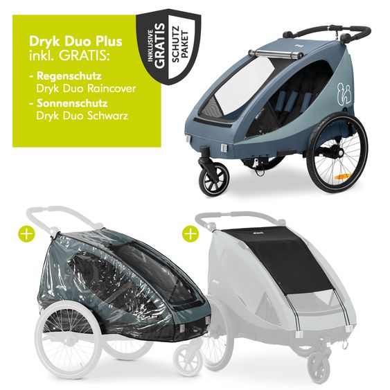 Hauck 2in1 bike trailer Dryk Duo Plus for 2 children (up to 44 kg) - Bike Trailer & City Buggy - incl. FREE protection package - Dark Blue