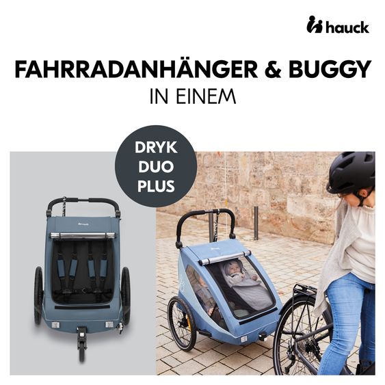 Hauck 2in1 Fahrradanhänger Dryk Duo Plus für 2 Kinder (bis 44 kg) - Bike Trailer & City Buggy - inkl. GRATIS Schutzpaket - Dark Blue