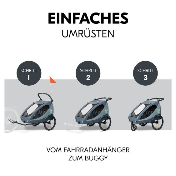 Hauck 2in1 bike trailer Dryk Duo Plus for 2 children (up to 44 kg) - Bike Trailer & City Buggy - incl. FREE protection package - Dark Blue