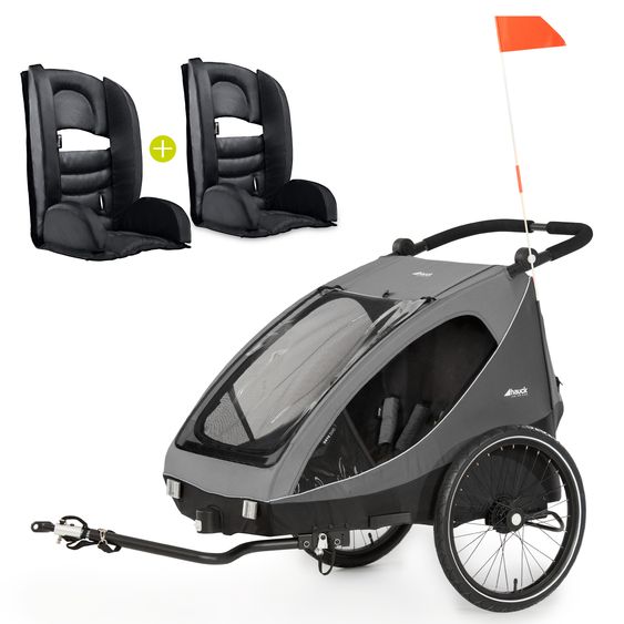 Hauck Set risparmio 2in1 Rimorchio bici Dryk Duo - per 2 bambini (fino a 44 kg) - Rimorchio bici & Passeggino cittadino - incl. 2 cuscini per sedile - Grigio