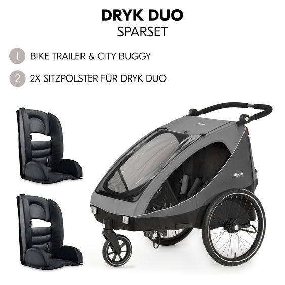 Hauck Set risparmio 2in1 Rimorchio bici Dryk Duo - per 2 bambini (fino a 44 kg) - Rimorchio bici & Passeggino cittadino - incl. 2 cuscini per sedile - Grigio