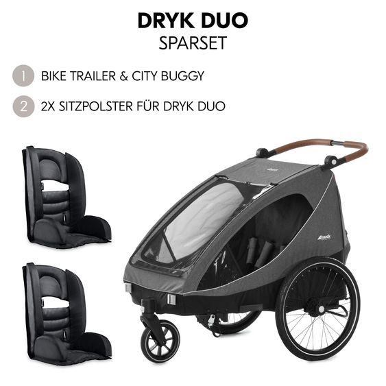 Hauck Set risparmio 2in1 Rimorchio bici Dryk Duo - per 2 bambini (fino a 44 kg) - Rimorchio bici & Passeggino cittadino - incl. 2 cuscini per sedile - Melange Grigio