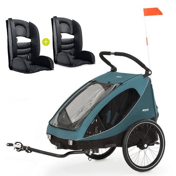 Hauck Set risparmio 2in1 Rimorchio bici Dryk Duo - per 2 bambini (fino a 44 kg) - Rimorchio bici & Passeggino cittadino - incl. 2 cuscini per sedile - Ocean Green