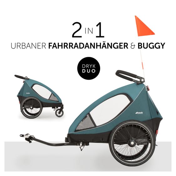Hauck Set risparmio 2in1 Rimorchio bici Dryk Duo - per 2 bambini (fino a 44 kg) - Rimorchio bici & Passeggino cittadino - incl. 2 cuscini per sedile - Ocean Green
