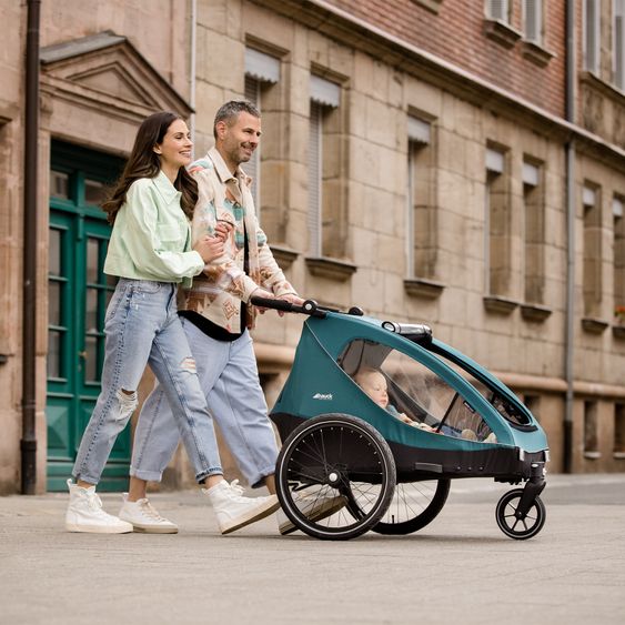 Hauck Set risparmio 2in1 Rimorchio bici Dryk Duo - per 2 bambini (fino a 44 kg) - Rimorchio bici & Passeggino cittadino - incl. 2 cuscini per sedile - Ocean Green