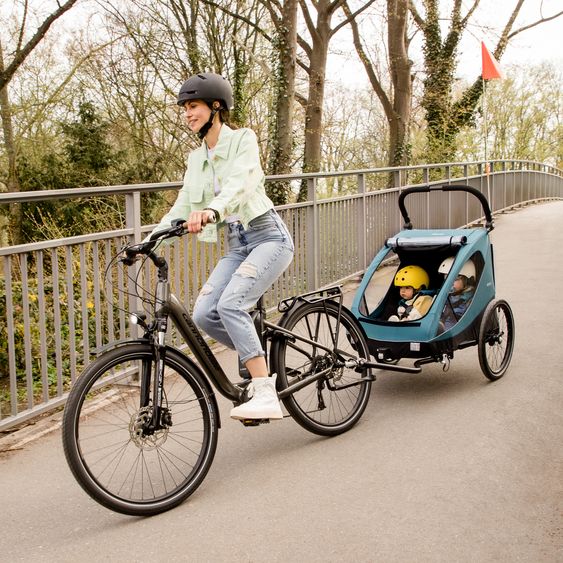 Hauck Set risparmio 2in1 Rimorchio bici Dryk Duo - per 2 bambini (fino a 44 kg) - Rimorchio bici & Passeggino cittadino - incl. 2 cuscini per sedile - Ocean Green