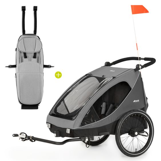 Hauck Set risparmio 2in1 Rimorchio bici Dryk Duo - per 2 bambini (fino a 44 kg) - Rimorchio bici & Passeggino Leggero City - incl. Seggiolino auto Lounger - Grigio