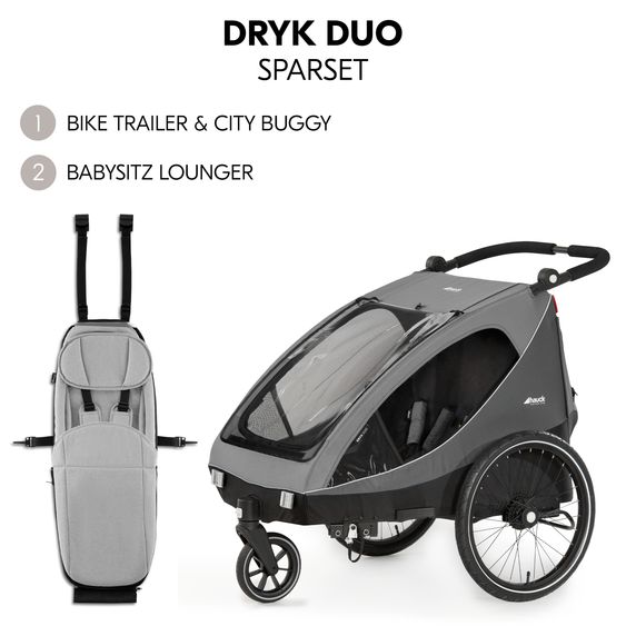 Hauck Set risparmio 2in1 Rimorchio bici Dryk Duo - per 2 bambini (fino a 44 kg) - Rimorchio bici & Passeggino Leggero City - incl. Seggiolino auto Lounger - Grigio