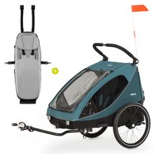 Set risparmio 2in1 Rimorchio bici Dryk Duo - per 2 bambini (fino a 44 kg) - Rimorchio bici & Passeggino Leggero City - incl. Seggiolino auto Lounger - Ocean Green