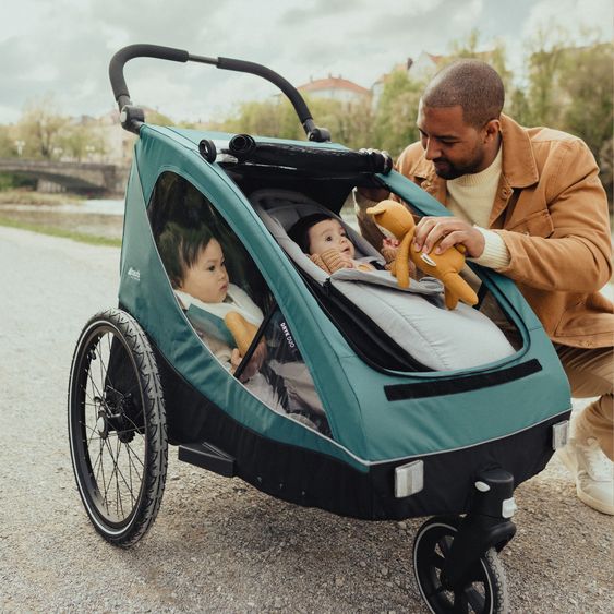 Hauck Set risparmio 2in1 Rimorchio bici Dryk Duo - per 2 bambini (fino a 44 kg) - Rimorchio bici & Passeggino Leggero City - incl. Seggiolino auto Lounger - Ocean Green