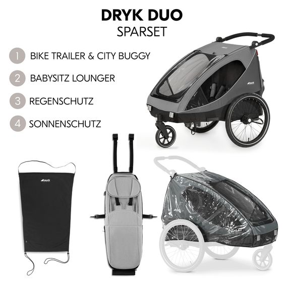 Hauck 2in1 bike trailer economy set Dryk Duo - for 2 children (up to 44 kg) - bike trailer & city buggy - incl. baby seat lounger & protection package - Grey