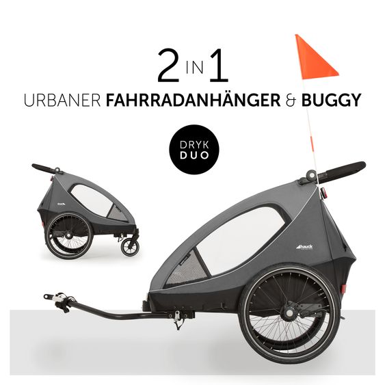 Hauck 2in1 bike trailer economy set Dryk Duo - for 2 children (up to 44 kg) - bike trailer & city buggy - incl. baby seat lounger & protection package - Grey