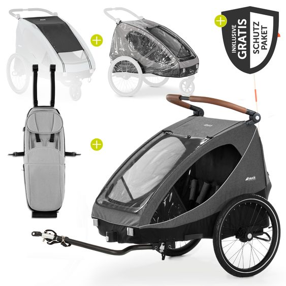 Hauck 2in1 Fahrradanhänger Sparset Dryk Duo - für 2 Kinder (bis 44 kg) - Bike Trailer & City Buggy - inkl. Babysitz Lounger & Schutzpaket - Melange Grey