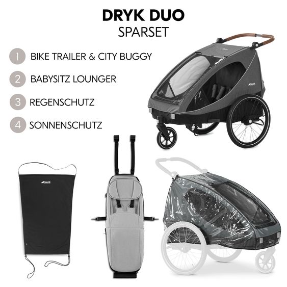 Hauck 2in1 Fahrradanhänger Sparset Dryk Duo - für 2 Kinder (bis 44 kg) - Bike Trailer & City Buggy - inkl. Babysitz Lounger & Schutzpaket - Melange Grey