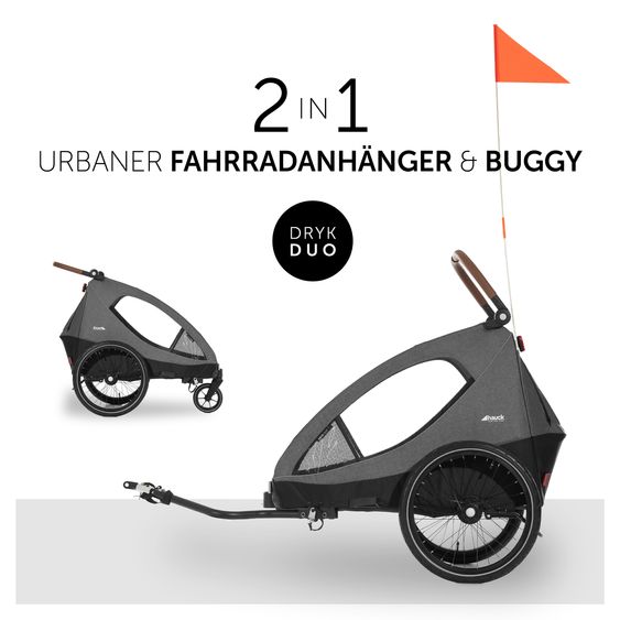 Hauck 2in1 Fahrradanhänger Sparset Dryk Duo - für 2 Kinder (bis 44 kg) - Bike Trailer & City Buggy - inkl. Babysitz Lounger & Schutzpaket - Melange Grey