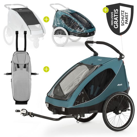 Hauck 2in1 Fahrradanhänger Sparset Dryk Duo - für 2 Kinder (bis 44 kg) - Bike Trailer & City Buggy - inkl. Babysitz Lounger & Schutzpaket - Ocean Green