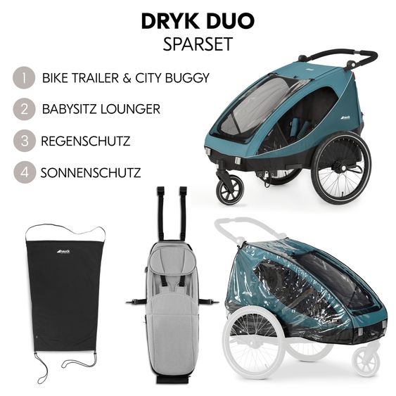 Hauck 2in1 Fahrradanhänger Sparset Dryk Duo - für 2 Kinder (bis 44 kg) - Bike Trailer & City Buggy - inkl. Babysitz Lounger & Schutzpaket - Ocean Green