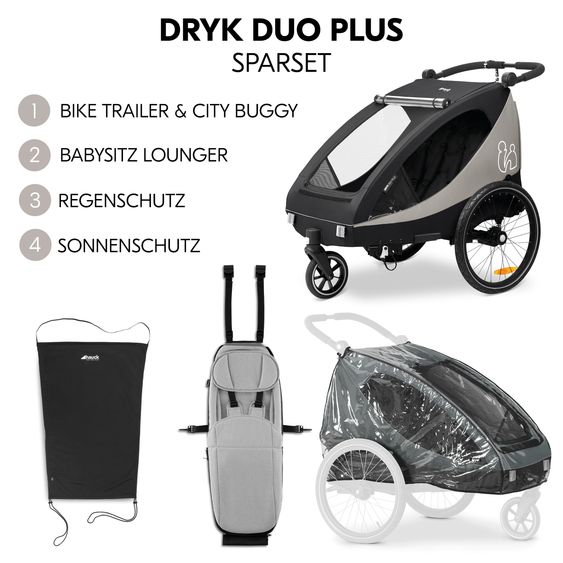 Hauck Set economico rimorchio bici 2in1 Dryk Duo Plus - per 2 bambini (fino a 44 kg) - rimorchio bici e passeggino da città - incluso seggiolino e pacchetto protezione - Nero