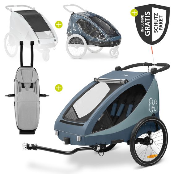 Hauck 2in1 Fahrradanhänger Sparset Dryk Duo Plus - für 2 Kinder (bis 44 kg) - Bike Trailer & City Buggy - inkl. Babysitz Lounger & Schutzpaket - Dark Blue