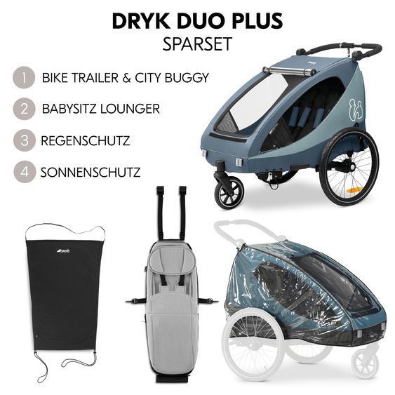 Hauck Set economico rimorchio bici 2in1 Dryk Duo Plus - per 2 bambini (fino a 44 kg) - rimorchio bici e passeggino da città - incluso seggiolino e pacchetto protezione - Blu scuro