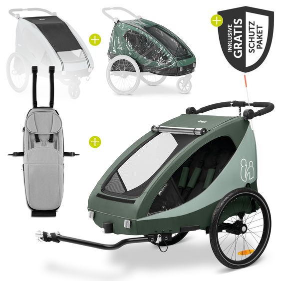 Hauck Set economico rimorchio bici 2in1 Dryk Duo Plus - per 2 bambini (fino a 44 kg) - rimorchio bici e passeggino da città - incluso seggiolino e pacchetto protezione - Verde scuro