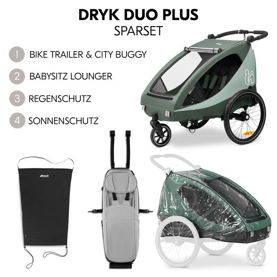 Hauck Set economico rimorchio bici 2in1 Dryk Duo Plus - per 2 bambini (fino a 44 kg) - rimorchio bici e passeggino da città - incluso seggiolino e pacchetto protezione - Verde scuro