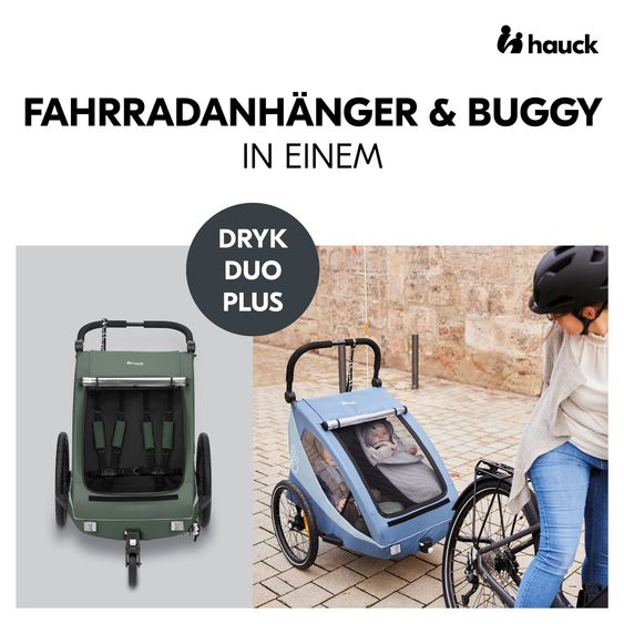 Hauck 2in1 bike trailer economy set Dryk Duo Plus - for 2 children (up to 44 kg) - bike trailer & city buggy - incl. baby seat lounger & protection package - Dark Green