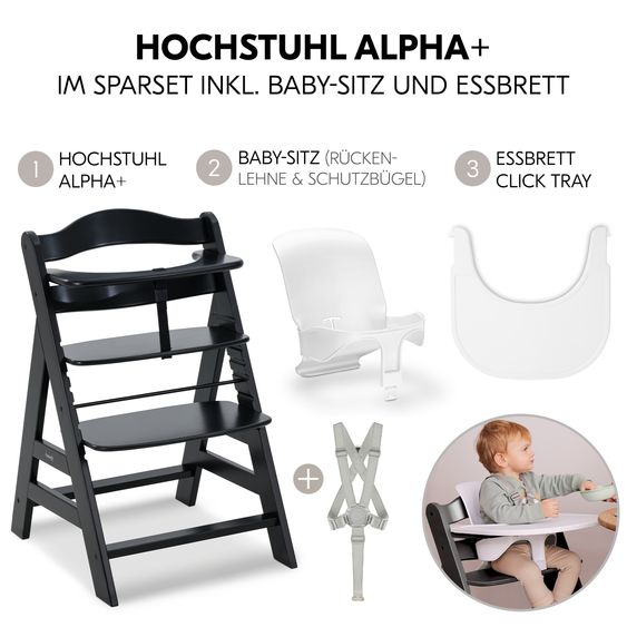 Hauck 3-tlg. Alpha Plus Sparset - Hochstuhl + Baby Seat + Essbrett - Black