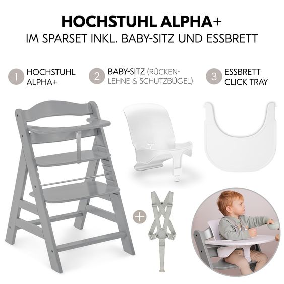Hauck Set risparmio 3 pz Alpha Plus - Seggiolone + Seggiolino per neonati + Vassoio per pasti - Grigio