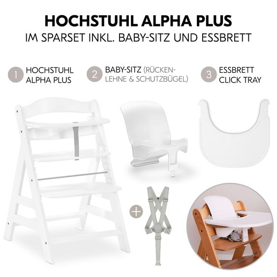 Hauck Set Économique Alpha Plus 3 Pièces - Chaise Haute + Siège Bébé + Plateau Repas - Blanc
