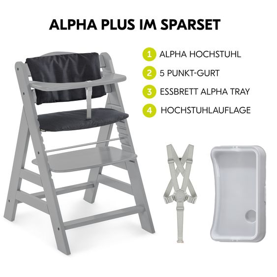Hauck Set risparmio Alpha Plus 3 pz. - Seggiolone + Vassoio Alpha Tray + Cuscino Deluxe in Melange Charcoal - Grigio