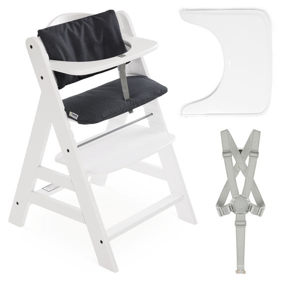 Hauck 3-tlg. Alpha Plus Sparset - Hochstuhl + Essbrett Alpha Tray + Sitzkissen Deluxe in Melange Charcoal - White