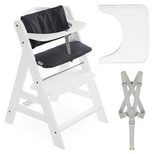 3-tlg. Alpha Plus Sparset - Hochstuhl + Essbrett Alpha Tray + Sitzkissen Deluxe in Melange Charcoal - White
