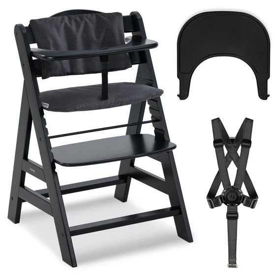 Hauck 3-pc Alpha Plus Value Set - Highchair + Click Tray + Seat Cushion in Melange Charcoal - Black