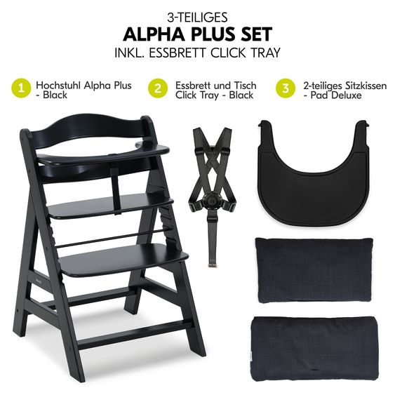Hauck 3-pc Alpha Plus Value Set - Highchair + Click Tray + Seat Cushion in Melange Charcoal - Black