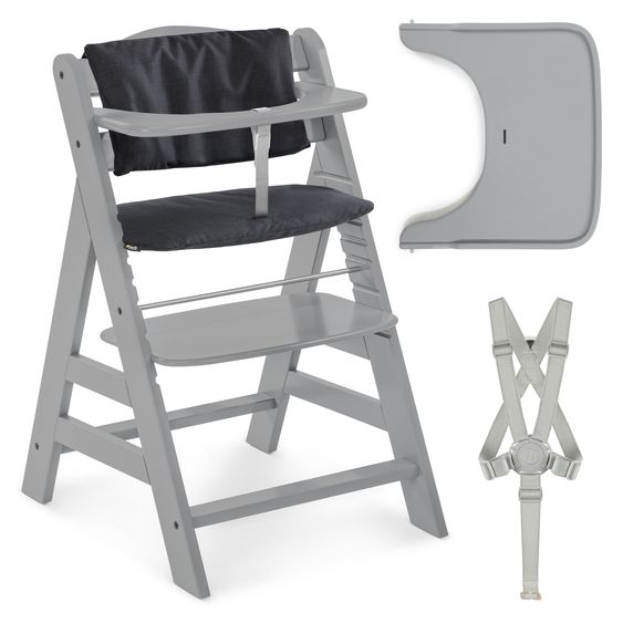 Hauck 3-tlg. Alpha Plus Sparset - Hochstuhl + Essbrett Wooden Tray + Sitzkissen Deluxe in Melange Charcoal - Grey