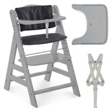 3-tlg. Alpha Plus Sparset - Hochstuhl + Essbrett Wooden Tray + Sitzkissen Deluxe in Melange Charcoal - Grey