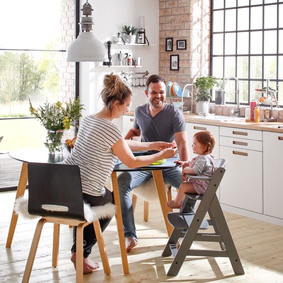 Hauck 3-tlg. Alpha Plus Sparset - Hochstuhl + Essbrett Wooden Tray + Sitzkissen Deluxe in Melange Charcoal - Grey