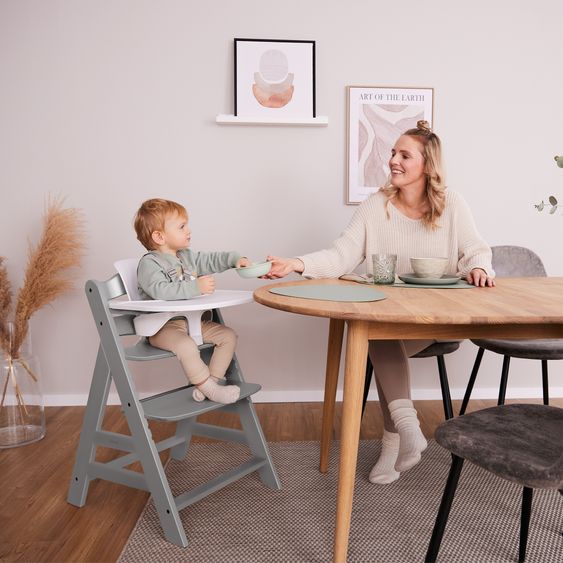 Hauck 3-tlg. Alpha Plus Sparset - Hochstuhl + Essbrett Wooden Tray + Sitzkissen Deluxe in Melange Charcoal - Grey