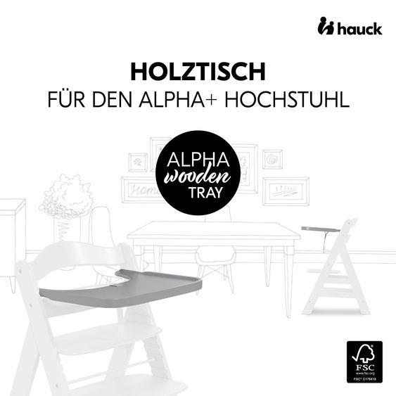 Hauck 3-tlg. Alpha Plus Sparset - Hochstuhl + Essbrett Wooden Tray + Sitzkissen Deluxe in Melange Charcoal - Grey