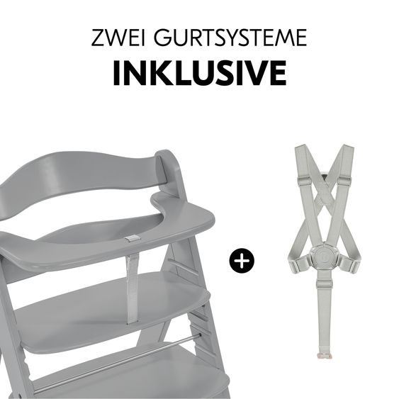 Hauck 3-tlg. Alpha Plus Sparset - Hochstuhl + Essbrett Wooden Tray + Sitzkissen Deluxe in Melange Charcoal - Grey