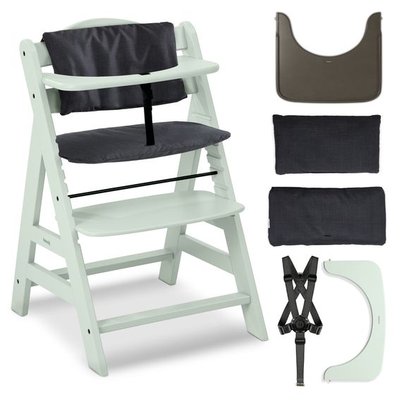 Hauck 3-tlg. Alpha Plus Sparset - Hochstuhl + Essbrett Wooden Tray + Sitzkissen Deluxe in Melange Charcoal - Mint