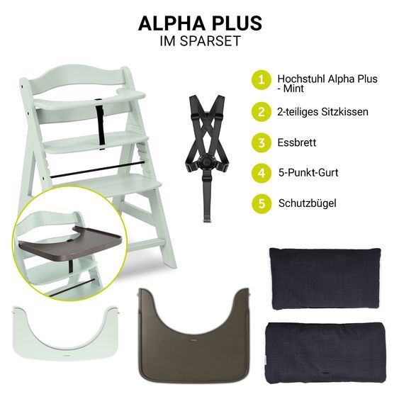 Hauck 3-tlg. Alpha Plus Sparset - Hochstuhl + Essbrett Wooden Tray + Sitzkissen Deluxe in Melange Charcoal - Mint