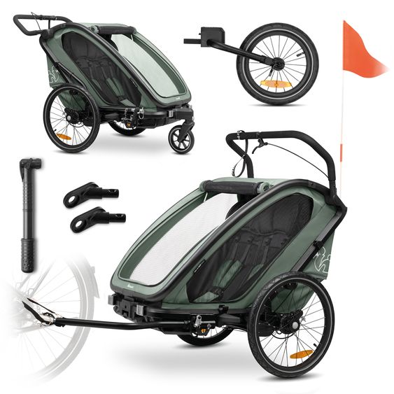 Hauck Rimorchio bici 3in1 Bike N Walk Duo per 2 bambini (fino a 44 kg) - Rimorchio bici, passeggino e jogger - Verde scuro